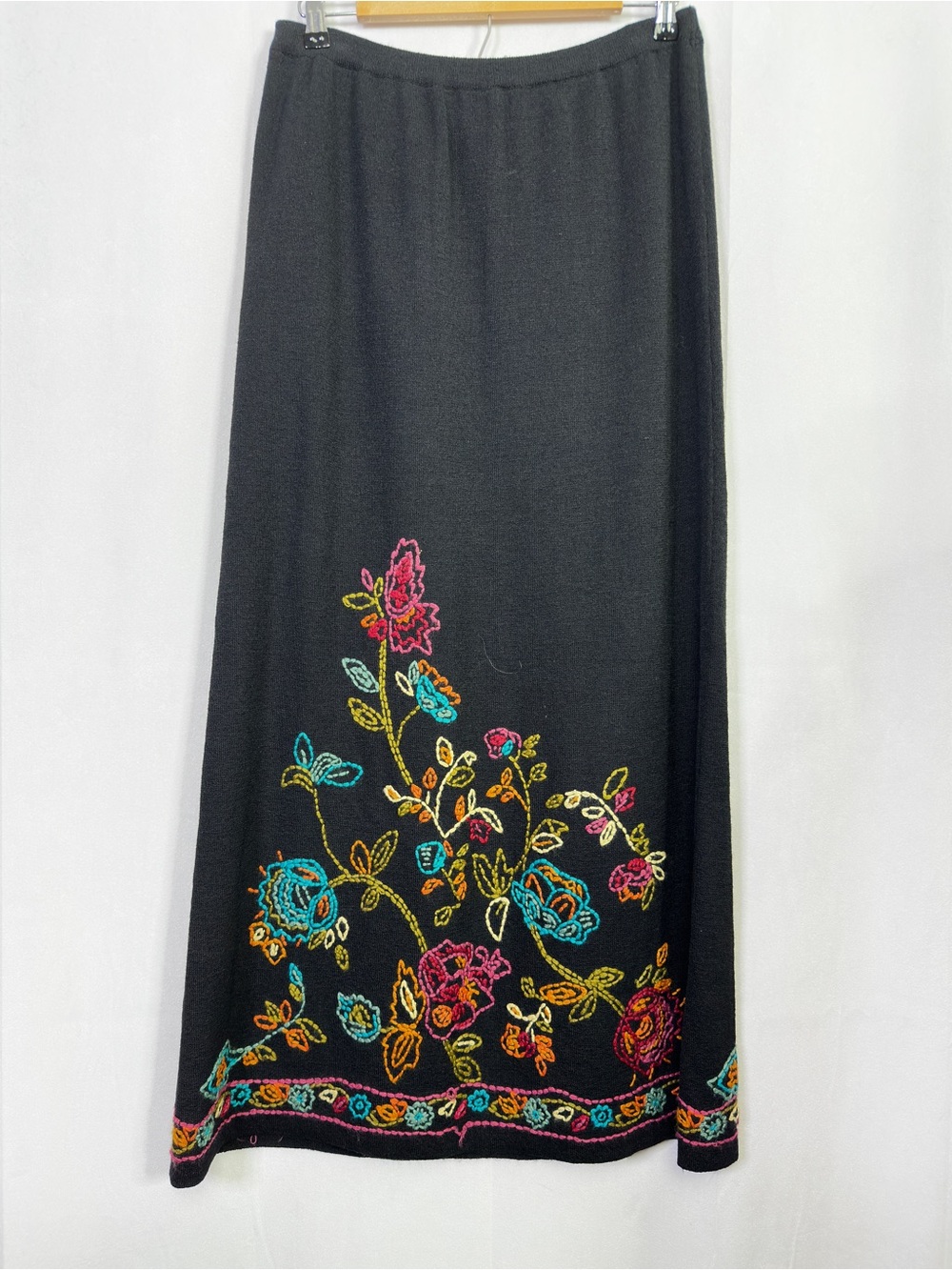 Double D Ranch Linen Maxi Skirt Floral Embroidered Western Black Small Bohemian